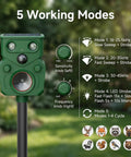 Solar Motion Sensor Ultrasonic Deer Repellent 2 Pack With LED Lights Waterproof Outdoor Wildlife Deterrent For Deer Coyotes Raccoons And Dogs 2026 Upgrade Easy Setup And Humane Yard Protection, green stake unit with 5 modes