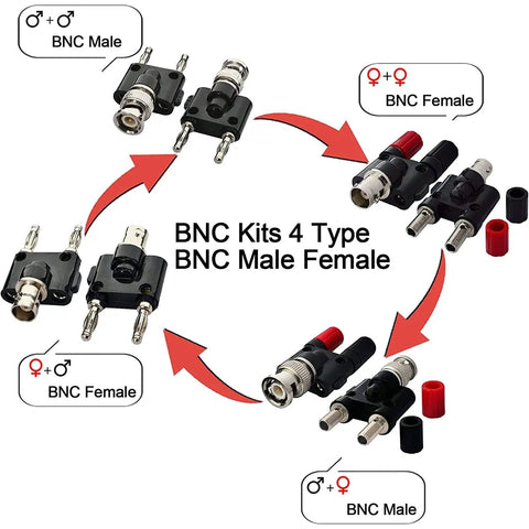 All In One 4 Piece BNC Binding Post Banana Adapter Kit for RF Coax Cables with BNC Male to 2x4mm Dual Banana Female connectors