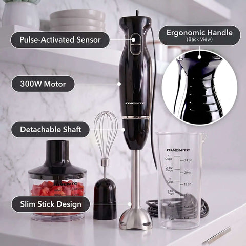 Badass Electric Hand Blender Set With Dual Speed Settings And 300 Watt Motor Includes Whisk Tool And BPA Free Chopper Cup For Knockout Smoothies Purees And Protein Shakes In Matte Black displayed with mixing bowl and whisk.