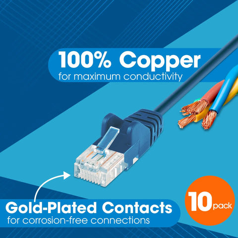 Slim Cat6 Ethernet Patch Cable Kit, 10 Pack, 1 Ft Rack-Friendly Length, 100% Copper, Gold-Plated Contacts, Blue