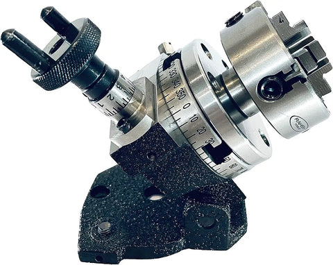 3 Inch Tilting Rotary Table With 70mm 4 Jaw Independent Dog Chuck And M6 Clamp Kit showcasing gear and low profile precision setup.