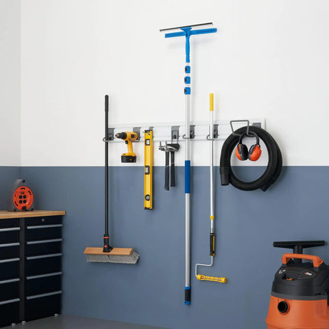 Heavy Duty Wall Track Storage System With Two PVC Panels And Seven Hooks For Garage, Shed And Pantry installed on wall