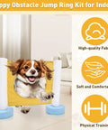 Indoor Dog Agility Training Kit 3 In 1 With Jump Ring Double Bar Hurdle And Pole Fence For Small Dogs setup with a dog jumping through a ring.