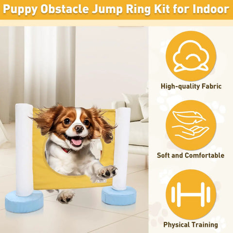 Indoor Dog Agility Training Kit 3 In 1 With Jump Ring Double Bar Hurdle And Pole Fence For Small Dogs setup with a dog jumping through a ring.