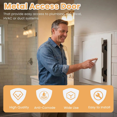 Heavy Duty Drywall Access Panel 14 By 14 Inch Wall Hole Cover White Galvanized Steel installed with user pointing.