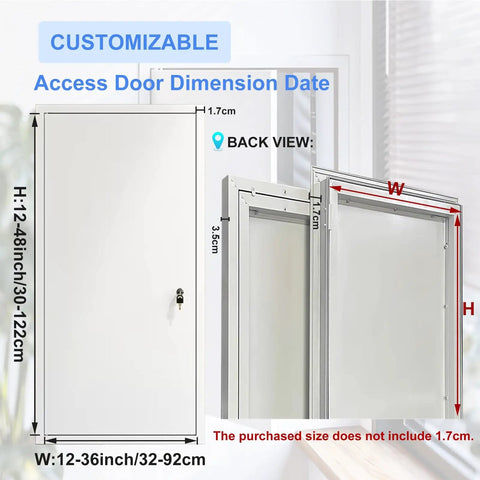 Back view of Slick Lockable Access Door With Paintable Finish And Concealed Hinges for Drywall, showing dimensions and frame features.