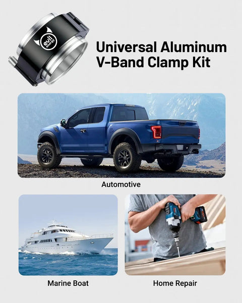 V Band Aluminum Quick Release Clamp For 3 Inch Intercooler Piping shown with truck, boat, and home repair uses.