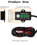 Mini LED Battery Indicator For DC 12/24V Lifepo4 Batteries With Five Column Green LED Gauge Battery Power Monitor For Golf Carts Forklifts And Equipment Auto Recognizes 12V Or 24V And Shows Twenty Percent Increments. Size view with 42mm meter, 11mm side profile and 1.25m wire
