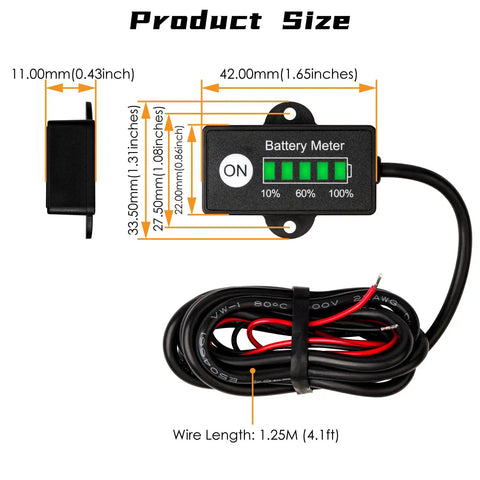 Mini LED Battery Indicator For DC 12/24V Lifepo4 Batteries With Five Column Green LED Gauge Battery Power Monitor For Golf Carts Forklifts And Equipment Auto Recognizes 12V Or 24V And Shows Twenty Percent Increments. Size view with 42mm meter, 11mm side profile and 1.25m wire