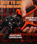 Hand using Ratcheting Micro-Fit 3.0 Crimping Tool Kit with quick release trigger and adjustable compression