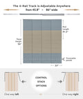 99.99 Percent Blackout Vertical Blinds With Extendable Track, Privacy Curtain Panels showing adjustable height and width, denim stitch fabric.