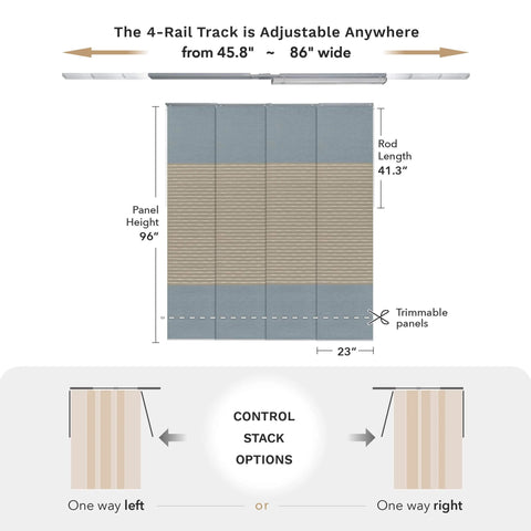 99.99 Percent Blackout Vertical Blinds With Extendable Track, Privacy Curtain Panels showing adjustable height and width, denim stitch fabric.