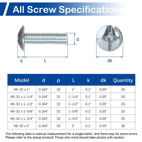 Diagram of 50 Pack 8-32 x 1-1/4 Inch Cabinet Door And Drawer Screws With Phillips Or Slotted Heads Blue Zinc Plated Carbon Steel.