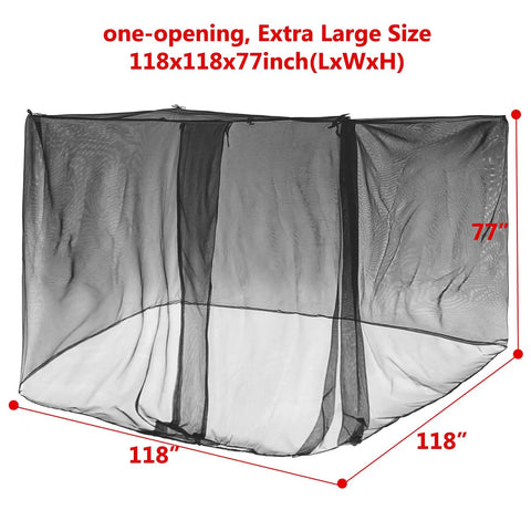 Ultra Large 118x118x77 Inch Outdoor Mosquito Net With One Opening Black Mesh Insect Netting for camping, patio, or picnic.