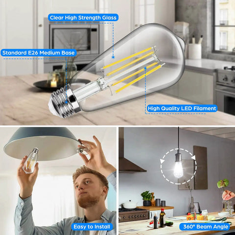 Person installing 4 Pack Vintage E26 LED Edison Bulbs 100W Equivalent 1400LM High Brightness 8W ST58 Filament Bulbs in kitchen