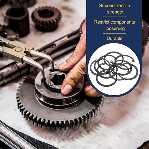10 Pcs Internal Retaining Rings Set 48mm C Clip Snap Rings 65Mn Steel Circlips for Automotive Grooved Shafts and Studs Durable Manganese Steel With Oxidation Finish being installed on a gear assembly.