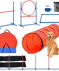Dog Agility Training Kit 5-Piece Set with hurdles, weave poles, tunnel, jump ring, pause box, foldable bowl, storage bag, and dog