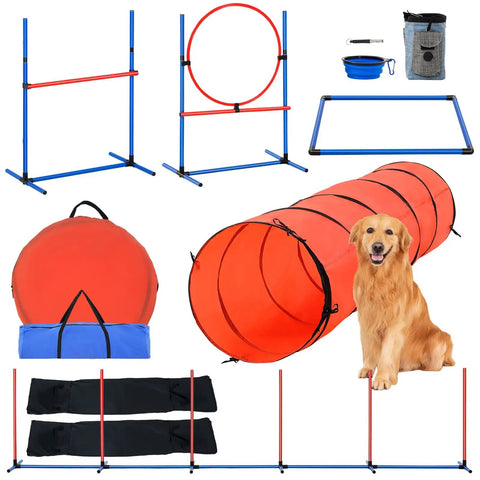 Dog Agility Training Kit 5-Piece Set with hurdles, weave poles, tunnel, jump ring, pause box, foldable bowl, storage bag, and dog