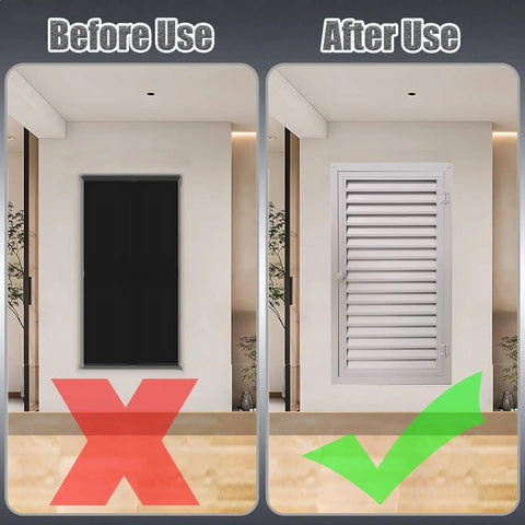 Before and after installation of Heavy Duty Aluminum Louvered Access Panel For Wall Ventilation And Plumbing Drywall Inspection Large 47 By 45 Inch Air Hatch.