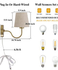 Set of Two Plug in Wall Sconces with On Off Switch Modern Gold Fabric Shade Wall Lamps 6.56ft Cord dimensions and bulb options