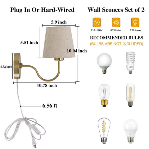 Set of Two Plug in Wall Sconces with On Off Switch Modern Gold Fabric Shade Wall Lamps 6.56ft Cord dimensions and bulb options