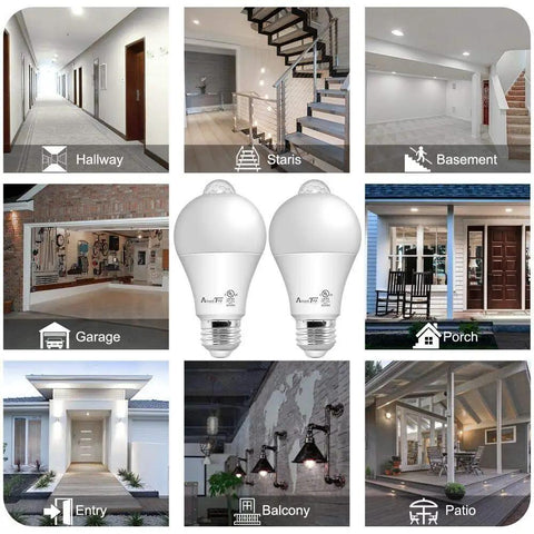 Motion Sensor LED Light Bulbs 2 Pack No Brainer Upgrade, 10W Equivalent 60W, 806 Lumens, Dusk To Dawn Auto On Off, Indoor Outdoor Lighting, 5000K Daylight, E26 Base, A19 Shape, UL Listed
