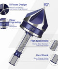 Close-up of 3/4 inch Pro Grade Countersink Drill Bit with 5-flute chamfer design, hex shank for quick change, made of high-speed steel.