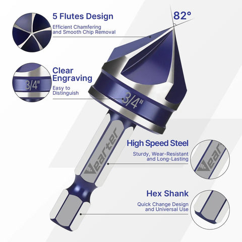 Close-up of 3/4 inch Pro Grade Countersink Drill Bit with 5-flute chamfer design, hex shank for quick change, made of high-speed steel.