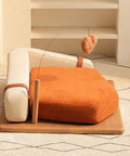Modern Wooden Pet Hangout Haven With Swinging Toy, Built Like A Tank Oak Veneer Sofa Bed, Ultra Comfy High Resilience Foam Cushion, Scratch Proof Elevated Pad For Big Cats And Dogs with orange cushion and hanging toy.