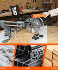 Professional Grade 10 Inch Double Bevel Sliding Compound Miter Saw With A Bulletproof 15 Amp Motor cutting through timber.