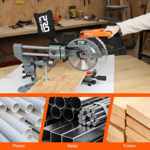 Professional Grade 10 Inch Double Bevel Sliding Compound Miter Saw With A Bulletproof 15 Amp Motor cutting through timber.