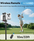 Auto Pop Open Phone Tripod With Remote in golf course, 59 Inch Selfie Stick holding smartphone, convenient one-tap selfies