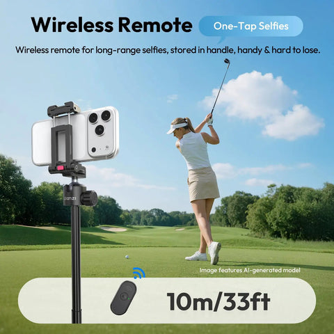 Auto Pop Open Phone Tripod With Remote in golf course, 59 Inch Selfie Stick holding smartphone, convenient one-tap selfies