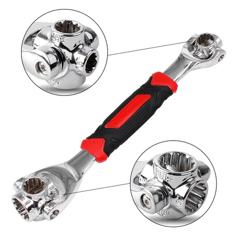 52 In 1 Universal Socket Wrench Set with 360 Degree Rotating Head and Rubber Handle, stainless steel, close-up view.