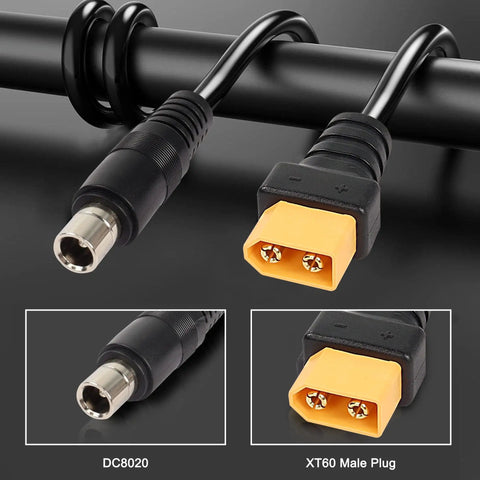 XT60 To 8mm Adapter Cable 14AWG DC8020 Power Connector XT60 Male To Female Bullet Cable on black background