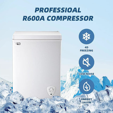 Real Deal 3.5 Cu Ft Compact Chest Freezer With Removable Storage Basket And Smooth Thermostat Dial for Low Noise Dorm Room or Garage cold storage efficiency, featuring professional R600A compressor.