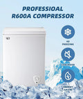 Game Changer Mini Chest Freezer 3.5 Cubic Feet With Lift Out Basket And Silent Thermostat top view showcasing the compressor and ice.