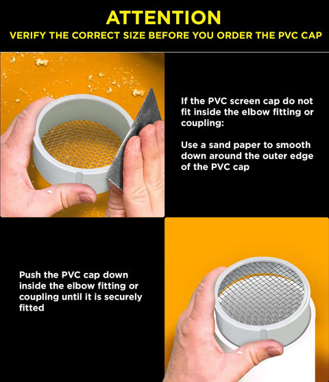 Guide to fitting R1508 Termination Cap Vent Cover Mesh Screen for Round Furnace PVC Pipe with sandpaper and secure fitting