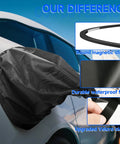 Magnetic EV Charging Port Cover Locks Tight To Shield From Nasty Winter Weather Heavy Duty Waterproof Oxford Fabric Blocks Snow Ice And Grit UV Proof For Road Warriors Everyday Black mounted on a car.
