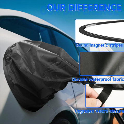 Magnetic EV Charging Port Cover Locks Tight To Shield From Nasty Winter Weather Heavy Duty Waterproof Oxford Fabric Blocks Snow Ice And Grit UV Proof For Road Warriors Everyday Black mounted on a car.
