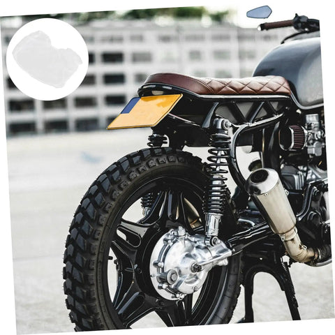 50 Count Elastic Hair Wraps Designed To Keep Your Mane Locked Tight While You Crush Every Shift At The Kitchen Cleanroom Or Facility Breathable Light Fabric Sticks Secure For Zero Fuss Dust Control On The Fly on a motorcycle rear view with brown seat and wheels.