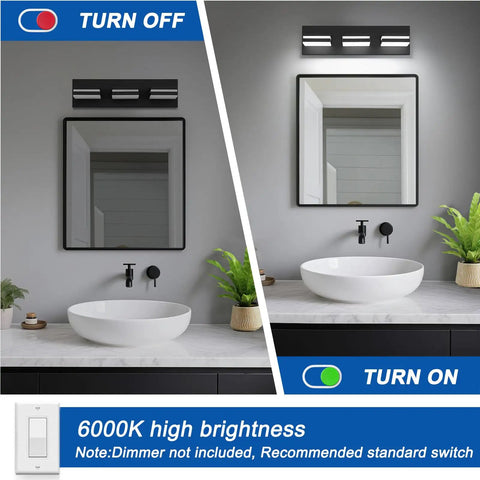 No Sweat Dimmable Led Bathroom Light Fixture Three Bulb Vanity Wall Lamp With Easy Swivel Matte Black Frame illuminating a modern bathroom.