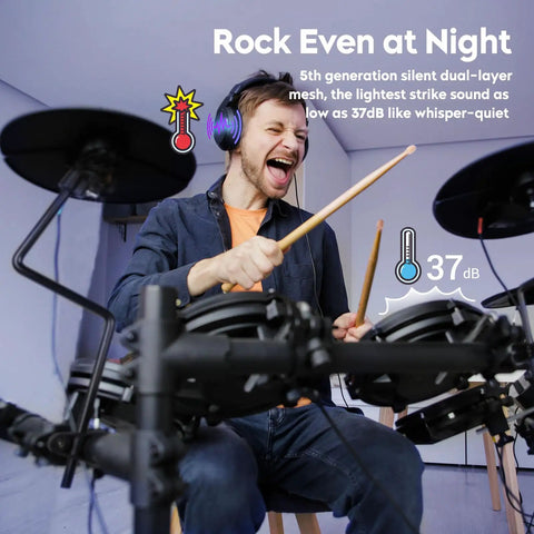 Man playing Groove Electric Drum Kit with 8 inch double layer mesh pads, silent practice, headphones, and foldable design.