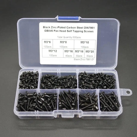 500 Piece M3 Self Tapping Screw Assortment Kit With Sturdy Storage Case showing assorted lengths of black zinc plated screws.