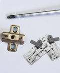 2 Pack Downward Pivot Cabinet Hinges With Soft Close Damping For Frameless Cabinets and screwdriver on white surface