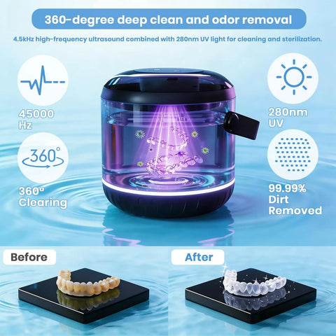 Top Tier 45kHz Ultrasonic Retainer Cleaner Machine For Dentures Night Guards And Mouthguards showing 360-degree cleaning with UV light.