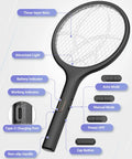 Electric Fly Swatter 4000V Bug Zapper Racket With Dual Modes And Rechargeable Battery, close-up view showing features and buttons.