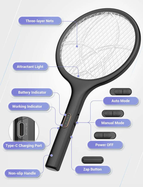 Electric Fly Swatter 4000V Bug Zapper Racket With Dual Modes And Rechargeable Battery, close-up view showing features and buttons.