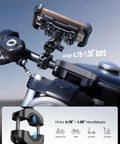 Rugged Motorcycle Phone Mount With Dual Vibration Dampener And Metal Adjustment Arm installed on motorcycle handlebar.