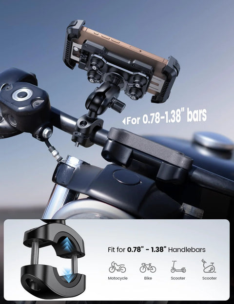 Rugged Motorcycle Phone Mount With Dual Vibration Dampener And Metal Adjustment Arm installed on motorcycle handlebar.